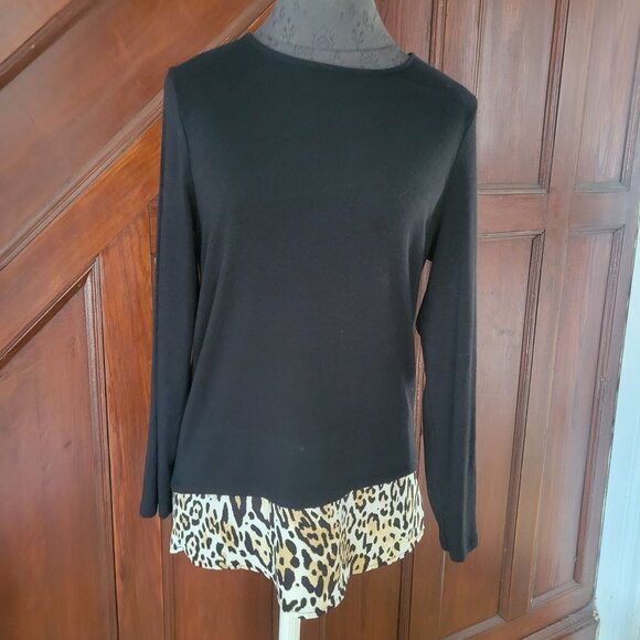 Chicos Black Long Sleeve Top With Leopard Print Layered Hem Womens Size S - Picture 1 of 4